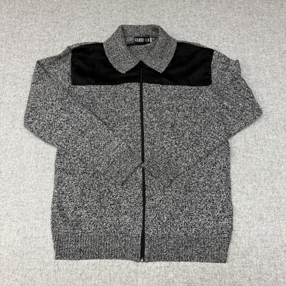 Country Club Full Zip Sweater Size M Gray Black Marl Contrast Shoulder Collared